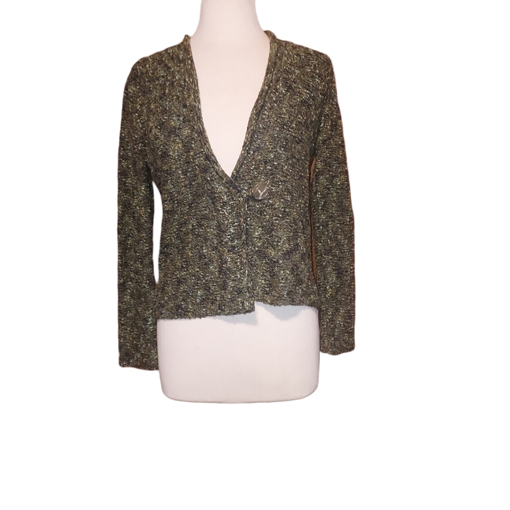 J Jill Sp Cardigan Wrap Front Green Speckled Cotton Blend 1 Button Sweater